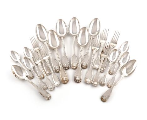 A collection of silver Fiddle Thread and Shell pattern flatware, various dates and makers, including Elizabeth Eaton, London 