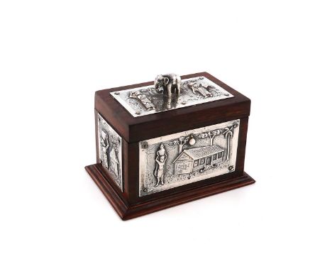 An Indian silver-mounted wooden tea caddy, circa 1910, rectangular form, applied with figural panels in landscape settings, t