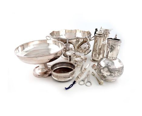 A mixed lot, comprising silver items: a George II coffee pot, marks worn, probably by Thomas Whipham, London, tapering circul