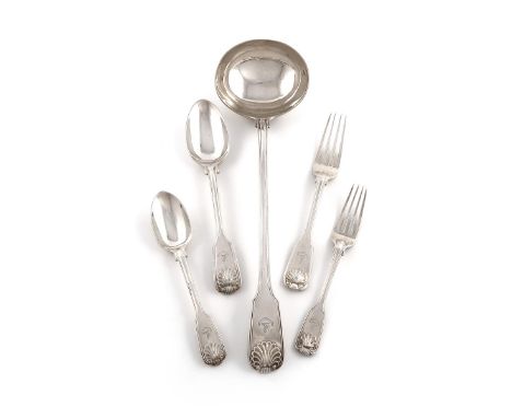 A matched William IV and Victorian Collection of silver Fiddle, Thread and Shell pattern flatware, various dates and makers, 