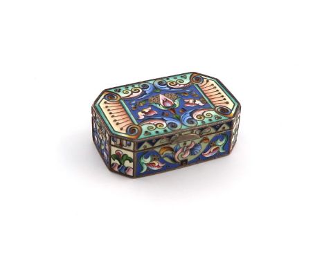 A Russian silver, silver-gilt and enamel box, 1908-1916, rectangular form, canted corners, the cover and sides with vari-colo