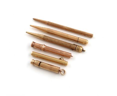 A small collection of six gold and gilt metal pencils, including: a 9 carat gold propelling pencil, by E. Baker, plain form, 