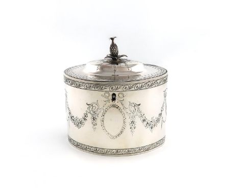 A George III silver tea caddy, by Thomas Daniell, London 1786, oval form, engraved foliate decoration, bright-cut borders, th