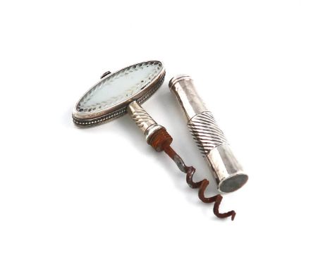 An early 19th century silver and mother-of-pearl corkscrew, unmarked circa 1800-1820, oval navette shaped handle, with engrav