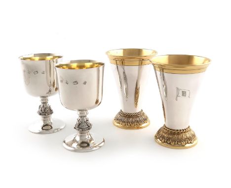 A pair of modern silver goblets, by Barrowclift Silvercraft, Birmingham 1975, circular bowls, gilded interiors, on raised kno