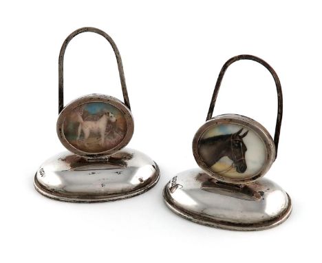 A pair of silver and painted porcelain menu card holders, retailed by Asprey and Co., London 1915, the reverse signed R. Ward