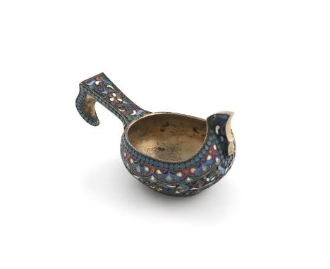 A Russian silver-gilt and enamel kovsch, 1908-1916, circular form, with vari-coloured enamel decoration, blue bead borders, l