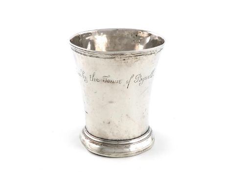 A George II provincial presentation silver beaker, maker's mark worn, possibly R? for Robert Makepeace, Newcastle 1732, taper