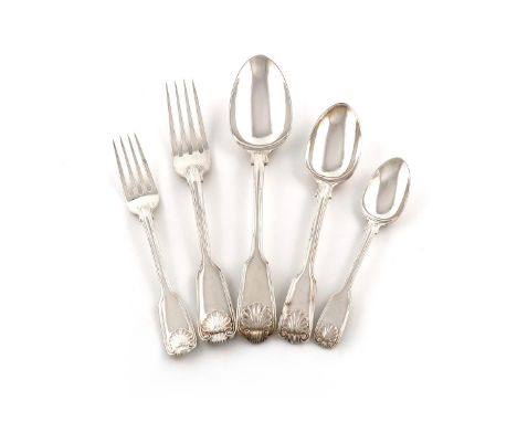 A collection of Victorian silver Fiddle, Thread and Shell pattern flatware, by George Adams, London 1843-1867, comprising: tw