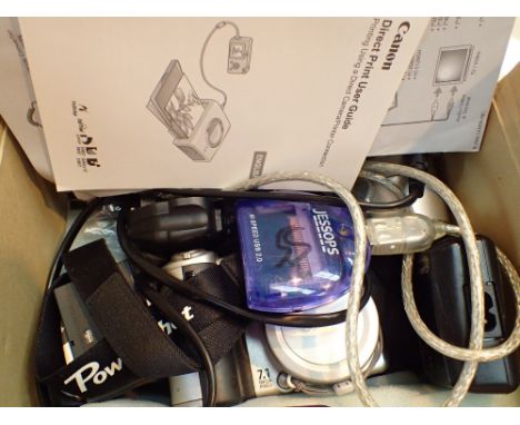 Minolta DNAX 500S camera and 2 lenses in carry case and a Canon Powershot96 digital camera and accessories in box