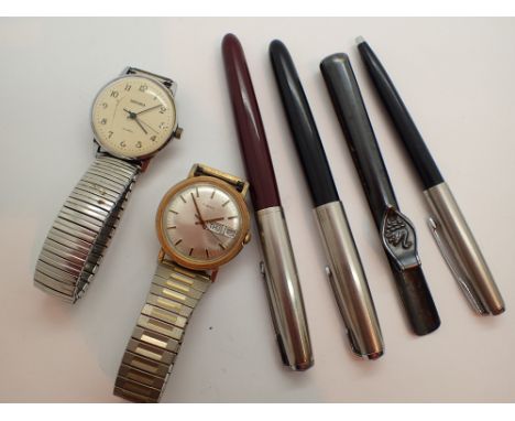 Two vintage mechanical wristwatches and two Parker pens and a Parker ballpoint