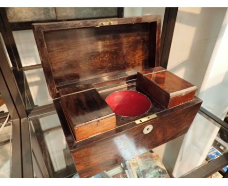 Antique walnut sarcophagus shape tea caddy lacking mixing bowl 