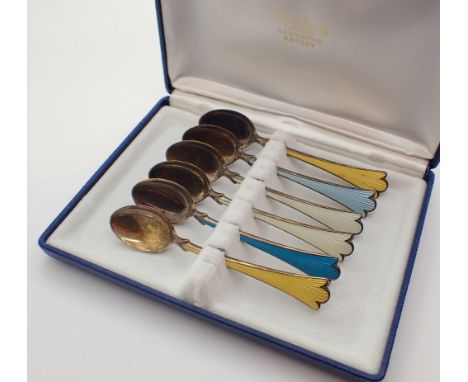 Boxed set of six 925 sterling silver Norwegian coffee spoons with coloured enamel handles L: 10 cm CONDITION REPORT: No appar