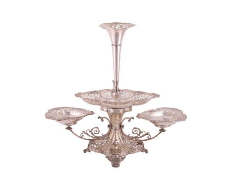 A large silver centre epergne, with central pierced flared vase above a pierced lobed dish flanked by two heart-shaped dishes