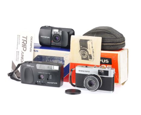 Three Olympus Compact 35mm Film Cameras comprising a black Olympus mju-1 AF camera, serial no.5266160, with a f/3.5 35mm lens