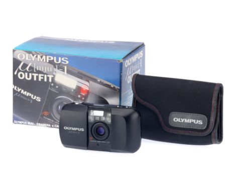 An Olympus Mju 35mm Compact Camera, black, body VG-E, optics VG-E, in maker's box with hand strap, case, &amp; paperwork,