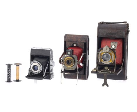 A Selection of Three Folding Cameras, to include a No.1 Folding Pocket Kodak Model E, body G-VG, shutter working, optics F, s