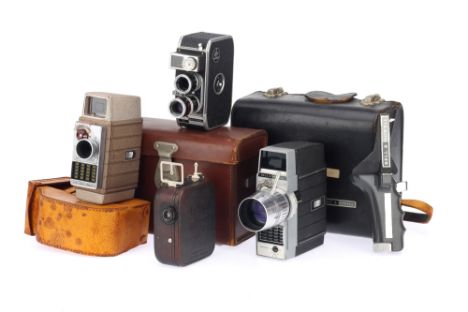 A Mixed Selection of Cine Cameras, comprising a Paillard Bolex B8SL 8mm camera, with a Kern-Paillard Yvar f/1.8 13mm and f/2.