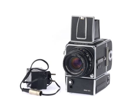 A Hasselblad 500EL Medium Format Film Camera, chrome, body G-VG, shutter not tested, together with Carl Zeiss Planar f/2.8 80