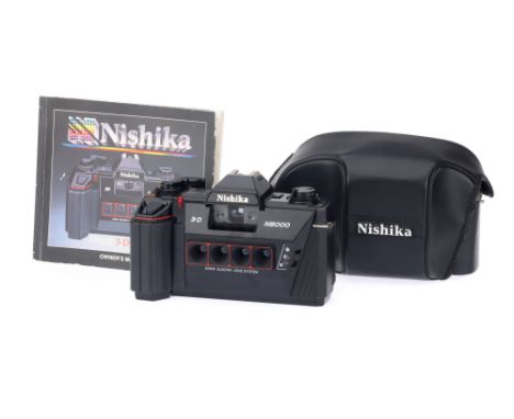 A Nishika N8000 3-D Camera, black, body G, shutter not working when batteries are inserted, some corrosion to battery termina