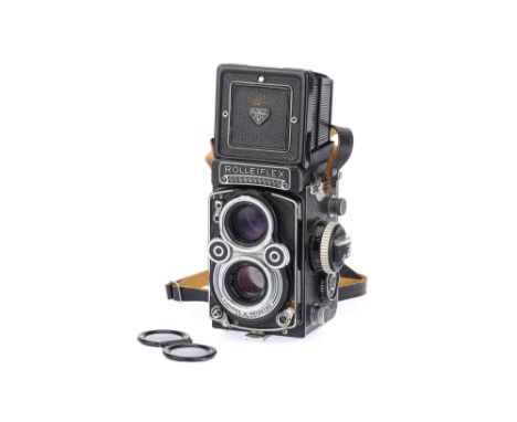 A Rollei Rolleiflex 3.5F Medium Format TLR Camera, black, body G, shutter working, with Carl Zeiss Planar f/3.5 75mm lens, op