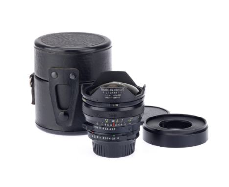 A Sigma XQ f/2.8 16mm Fisheye Camera Lens, black, body G, optics F-VG, some internal haze present that requires cleaning, oth