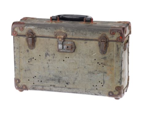 A Camera Hard Case, with two front catches &amp; front locking clasp, heavily worn, faded red paint to corner plates, with fe