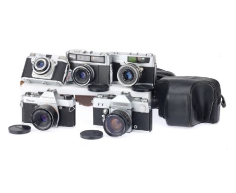 A Selection of 35mm Film Cameras, to include a Topcon Unirex EE, body G, shutter working, with a UV Topcor f/2.8 50mm lens, o