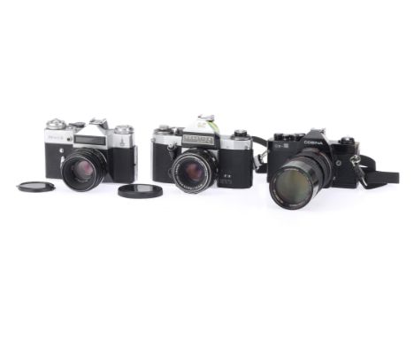 Three 35mm SLR Cameras, to include a Cosina CS-2, untested, a Praktica Super TL, body G, shutter working, with Meyer-Optik Or