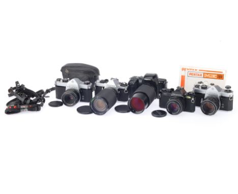 A Selection of Five Pentax SLR 35mm Cameras comprising an Asahi Pentax Spotmatic camera with a Super-Multi-Coated Takumar f/1