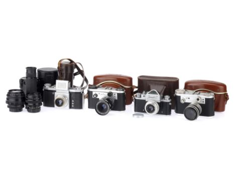 A Selection of European SLR 35mm Film Cameras comprising a KW Praktica camera, 1952 model, with a Carl Zeiss Jena Tessar T f/