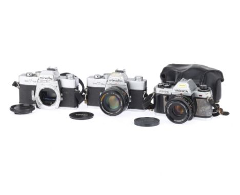 Three 35mm SLR Cameras, to include a Minolta SRT101b, body F-G, shutter working, speeds sound correct, with a Minolta MC-Rokk