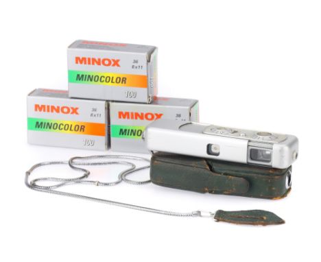 A Minox A Subminiature Film Camera, chrome, body G, shutter working on all speeds other than 1/2s, optics G-VG, with three ro