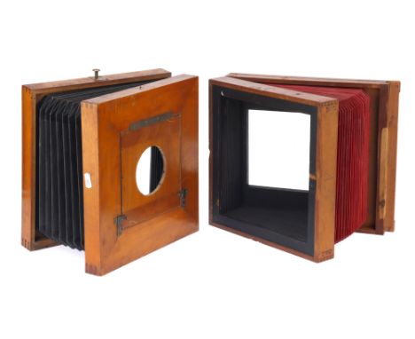 A Selection of Mahogany &amp; Brass Camera Parts, to include a set of red bellows, with front &amp; rear standards, together 