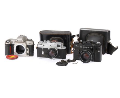 Three 35mm Cameras, to include a Zorki-4, chrome, body G, shutter working, with Jupiter-8, optics G-VG, aperture ring stiff t