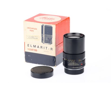 A Leitz Elmarit-R f/2.8 135mm Lens, black, body VG, optics VG, some very light haze &amp; dust present, with front &amp; rear