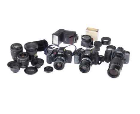 A Group of Minolta AF SLR 35mm Cameras and Lenses comprising a Minolta 9000 AF camera, untested, with a Maxxum AF Zoom f/3.5-