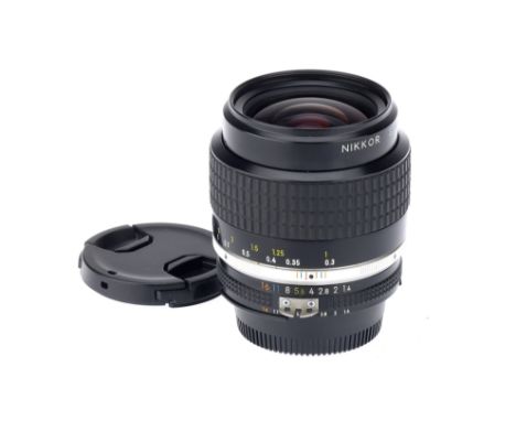 A Nikon AIs f/1.4 35mm Lens, black, serial no. 450416, body, VG-E, elements, G-VG, some very light internal marks