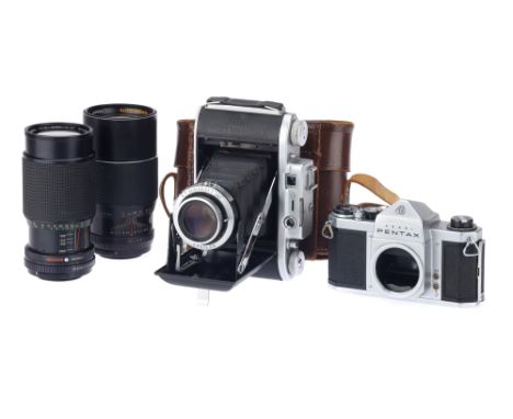 A Selection of Cameras &amp; Lenses, to include a Pentax S2, for parts, also with an Ensign Selfix 820 Special, body G, shutt