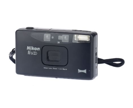 A Nikon AF 600 35mm Compact Camera, black, body G, shutter working, optics VG,