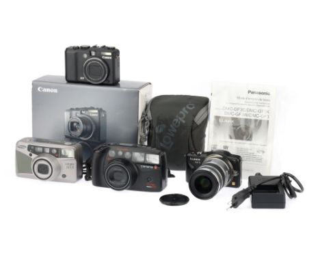 A Selection of Compact Cameras comprising a black Canon Powershot G9 digital camera, with a 6x IS f/2.8-4.8 7.4-44.4mm lens, 