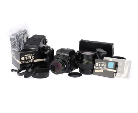 A Bronica ETRS Medium Format Camera Outfit, black, body G-VG, shutter requires attention, camera winds &amp; instantly releas