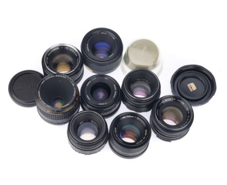 A Mixed Selection of Camera Prime Lenses, to include a Minolta AF f/1.7 50mm lens, body G-VG, optics G-VG, functions untested