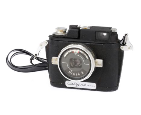 A Calypso 35mm Underwater Viewfinder Camera, black, body G-VG, shutter working, viewfinder bright &amp; clear, together with 