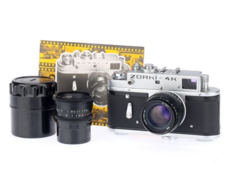A Good Zorki 4K 35mm Rangefinder Camera Outfit, chrome, body VG, shutter working, RF patch bright &amp; clear, together with 