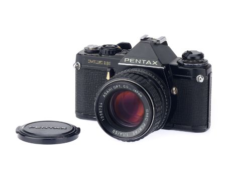 A Pentax ME Super 35mm SLR Camera, black, body F, shutter jammed, together with a SMC Pentax f/1.4 50mm lens, optics G-VG, so