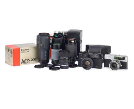 A Mixed Selection of Cameras &amp; Lenses, to include a Yashica Electro 35, a Petri rangefinder camera, together with some bo