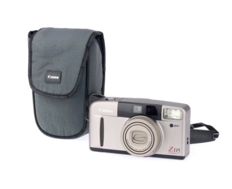 A Canon Z115 Caption 35mm Compact Camera, aluminium, body G-VG, shutter working, optics G, some haze present, with maker's ca