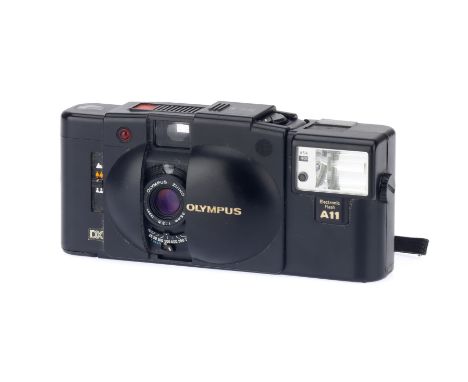 An Olympus XA3 35mm Viewfinder Camera, black, body G, shutter working when batteries are inserted, optics G-VG, together with