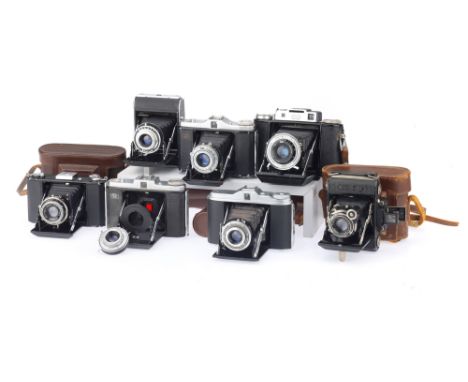 A Mixed Selection of Folding Cameras, to include a Zeiss Ikon Super Ikonta 530, body G, shutter working, optics F-G, some int